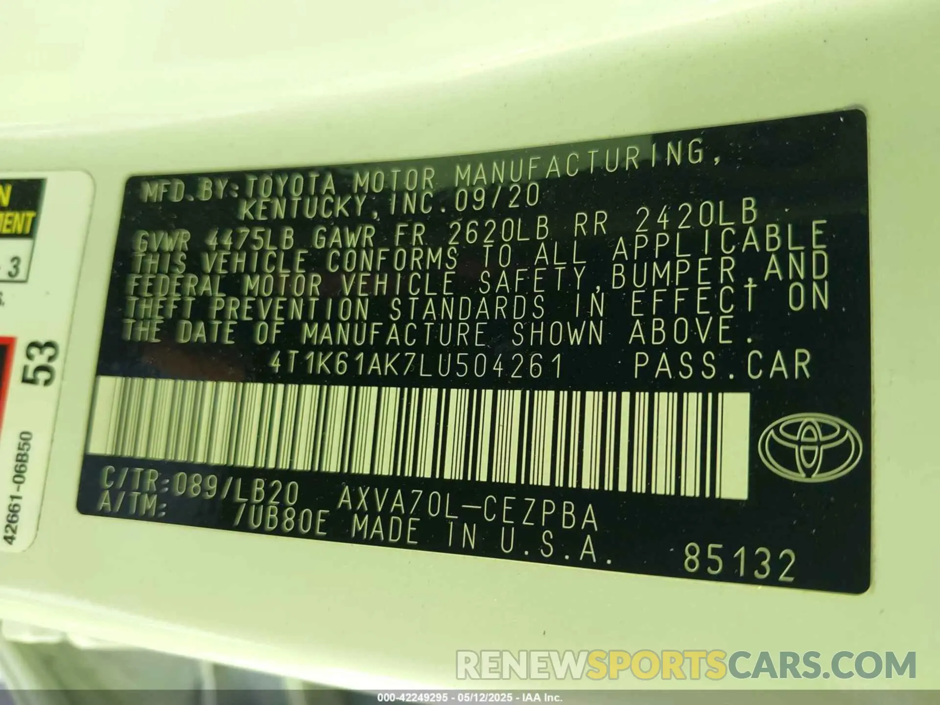 9 Photograph of a damaged car 4T1K61AK7LU504261 TOYOTA CAMRY 2020