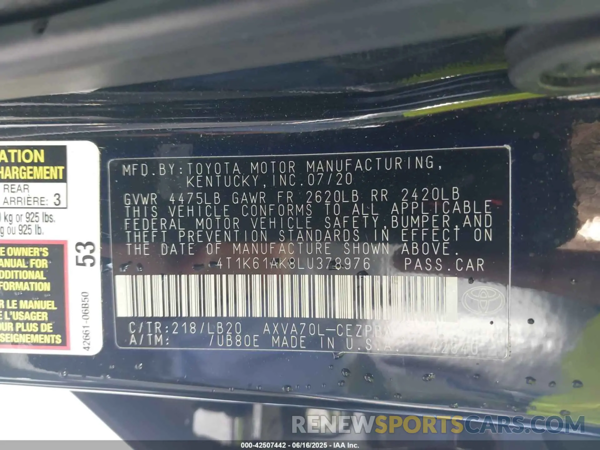 9 Photograph of a damaged car 4T1K61AK8LU378976 TOYOTA CAMRY 2020