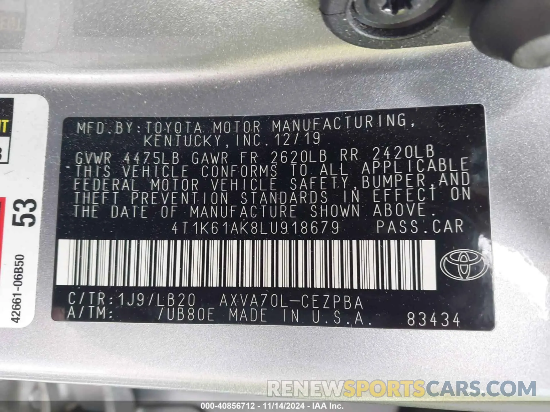 9 Photograph of a damaged car 4T1K61AK8LU918679 TOYOTA CAMRY 2020