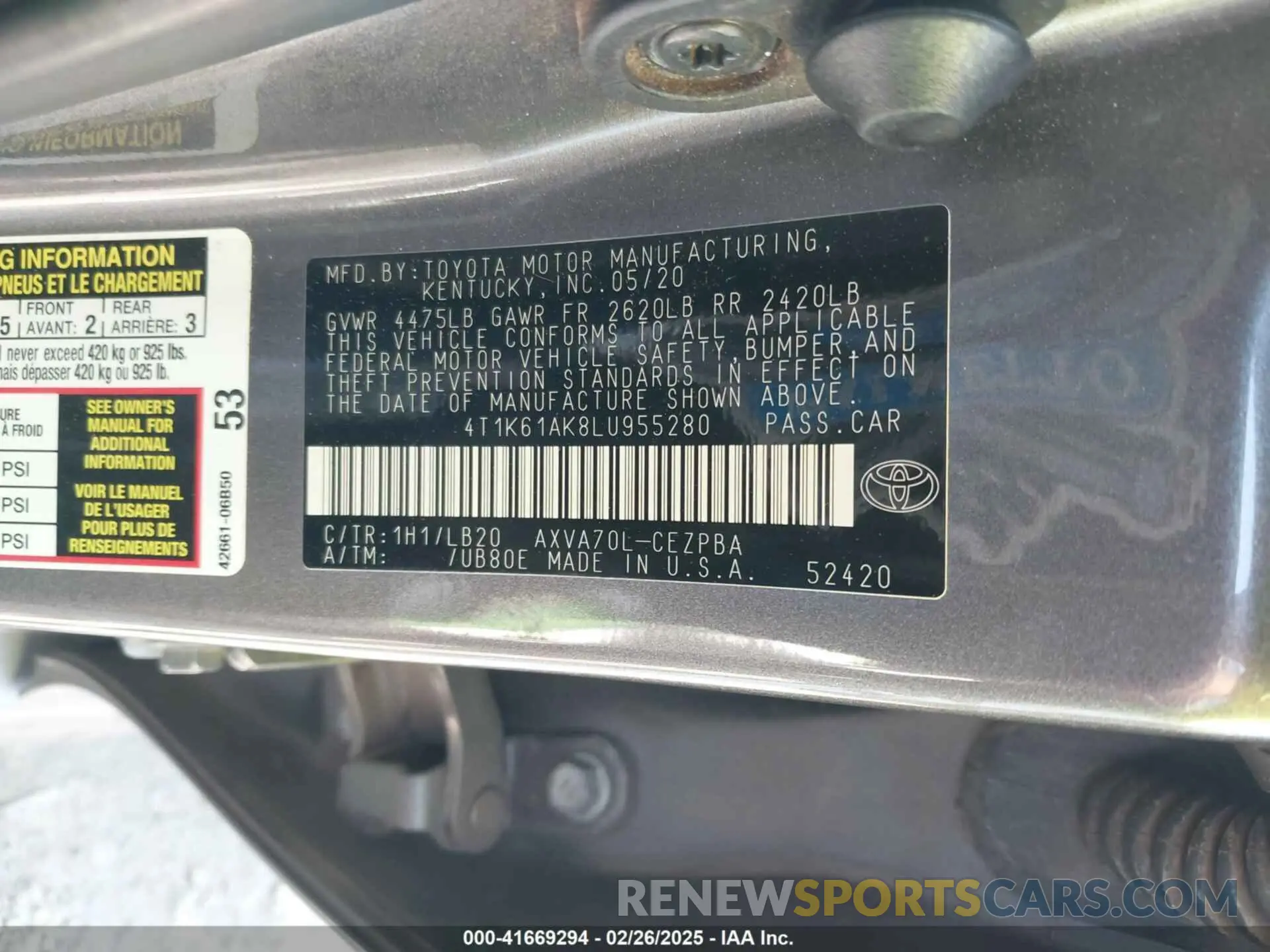 9 Фотография поврежденного автомобиля 4T1K61AK8LU955280 TOYOTA CAMRY 2020