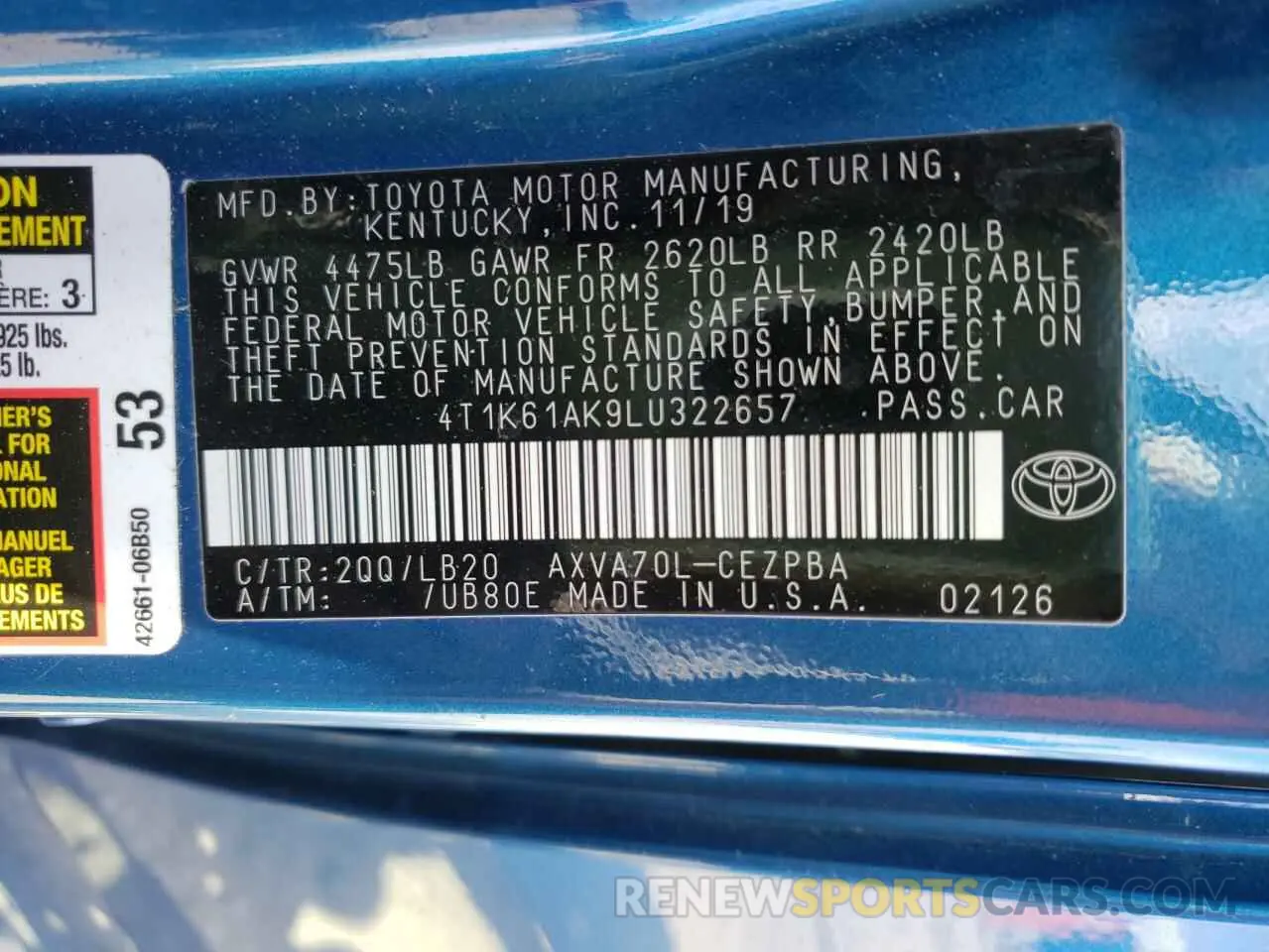 10 Photograph of a damaged car 4T1K61AK9LU322657 TOYOTA CAMRY 2020
