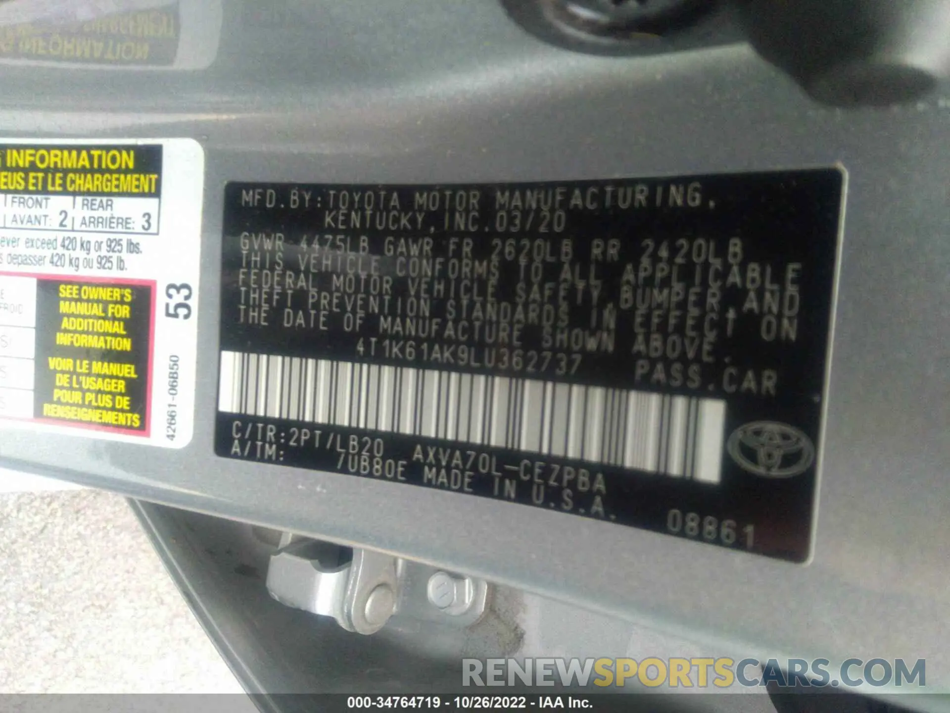 9 Фотография поврежденного автомобиля 4T1K61AK9LU362737 TOYOTA CAMRY 2020
