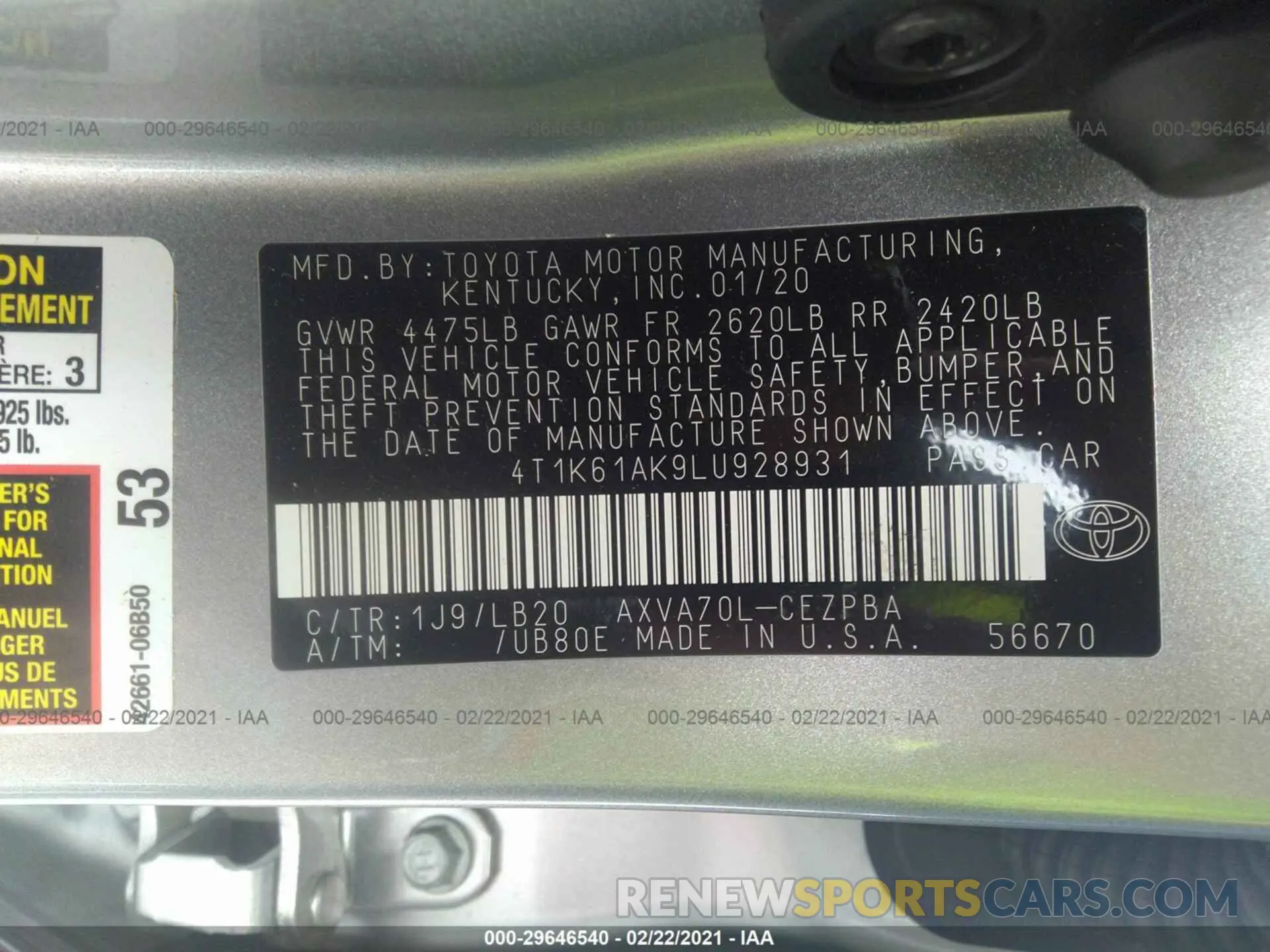 9 Photograph of a damaged car 4T1K61AK9LU928931 TOYOTA CAMRY 2020