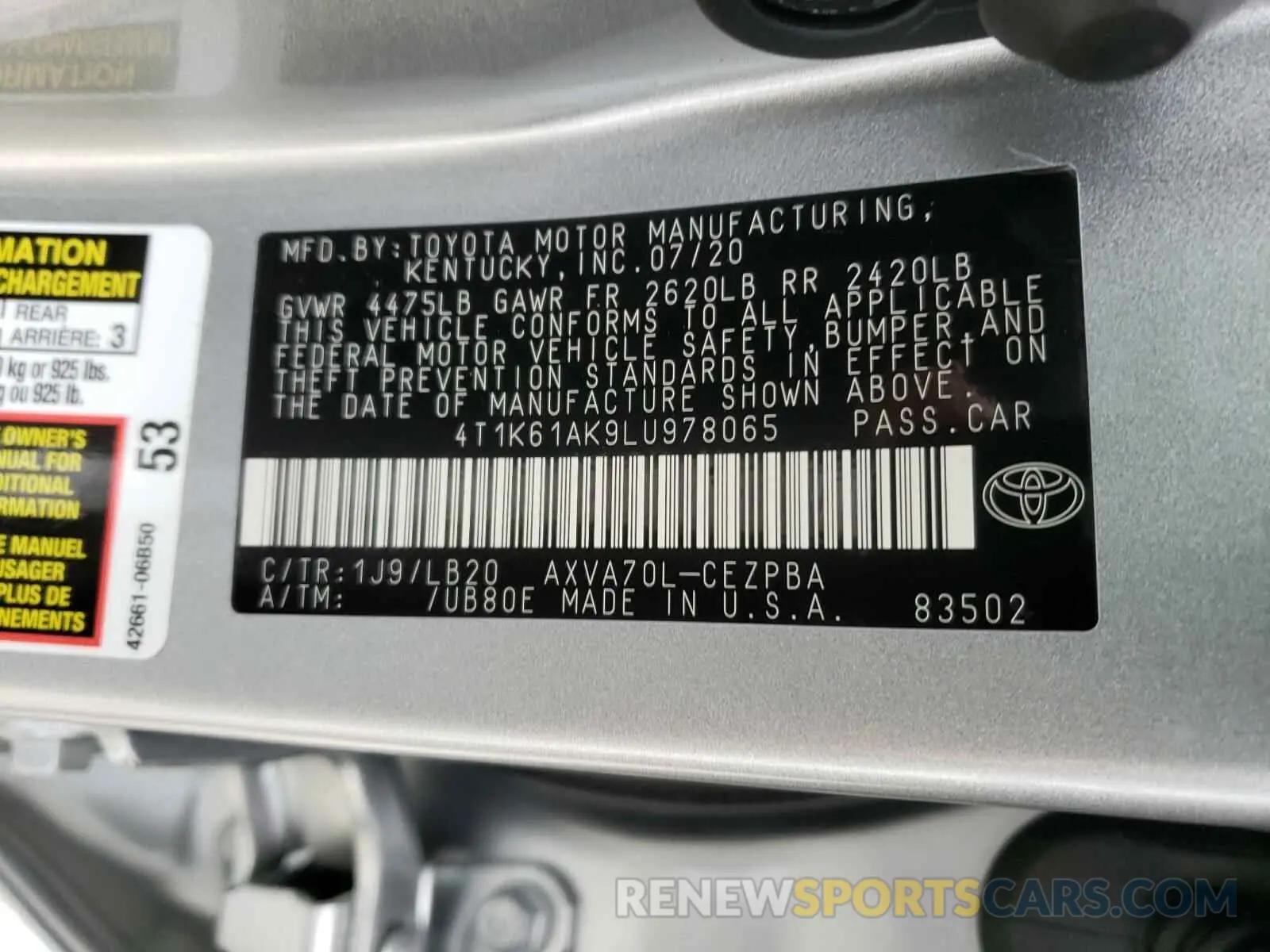 10 Photograph of a damaged car 4T1K61AK9LU978065 TOYOTA CAMRY 2020