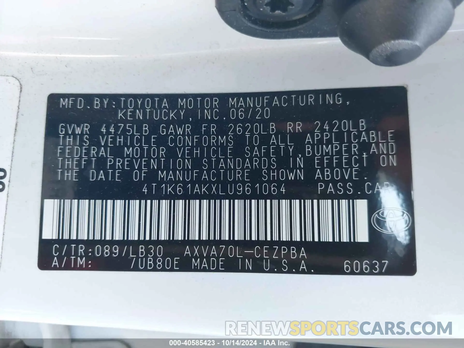 9 Фотография поврежденного автомобиля 4T1K61AKXLU961064 TOYOTA CAMRY 2020