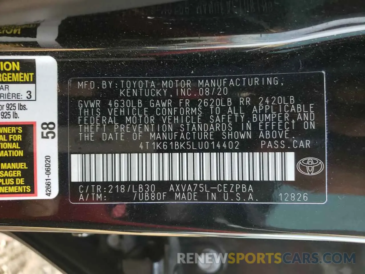 10 Photograph of a damaged car 4T1K61BK5LU014402 TOYOTA CAMRY 2020