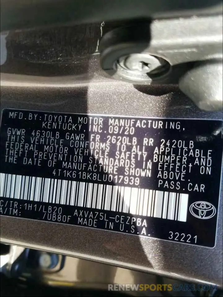 10 Photograph of a damaged car 4T1K61BK8LU017939 TOYOTA CAMRY 2020