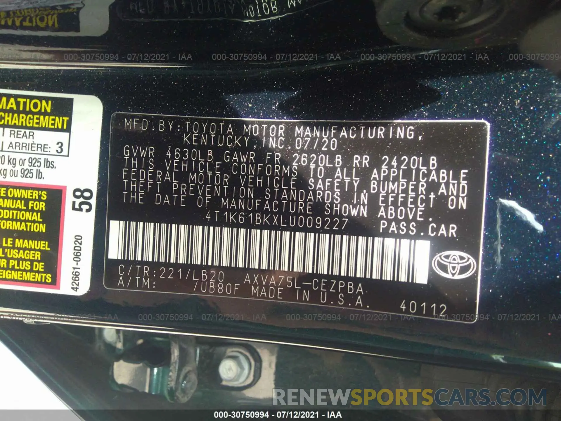 9 Photograph of a damaged car 4T1K61BKXLU009227 TOYOTA CAMRY 2020