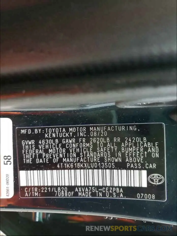 10 Photograph of a damaged car 4T1K61BKXLU013505 TOYOTA CAMRY 2020