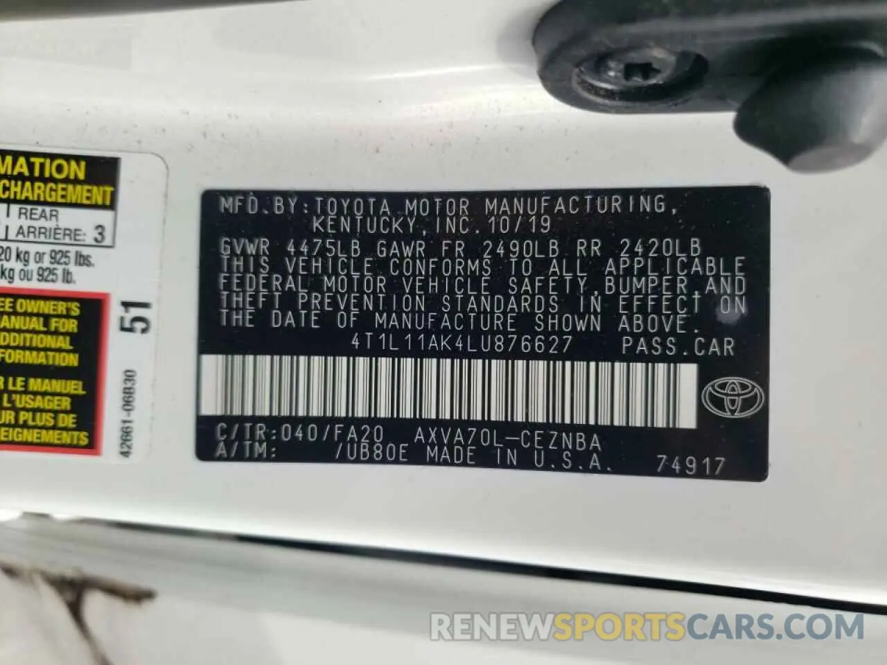 10 Фотография поврежденного автомобиля 4T1L11AK4LU876627 TOYOTA CAMRY 2020