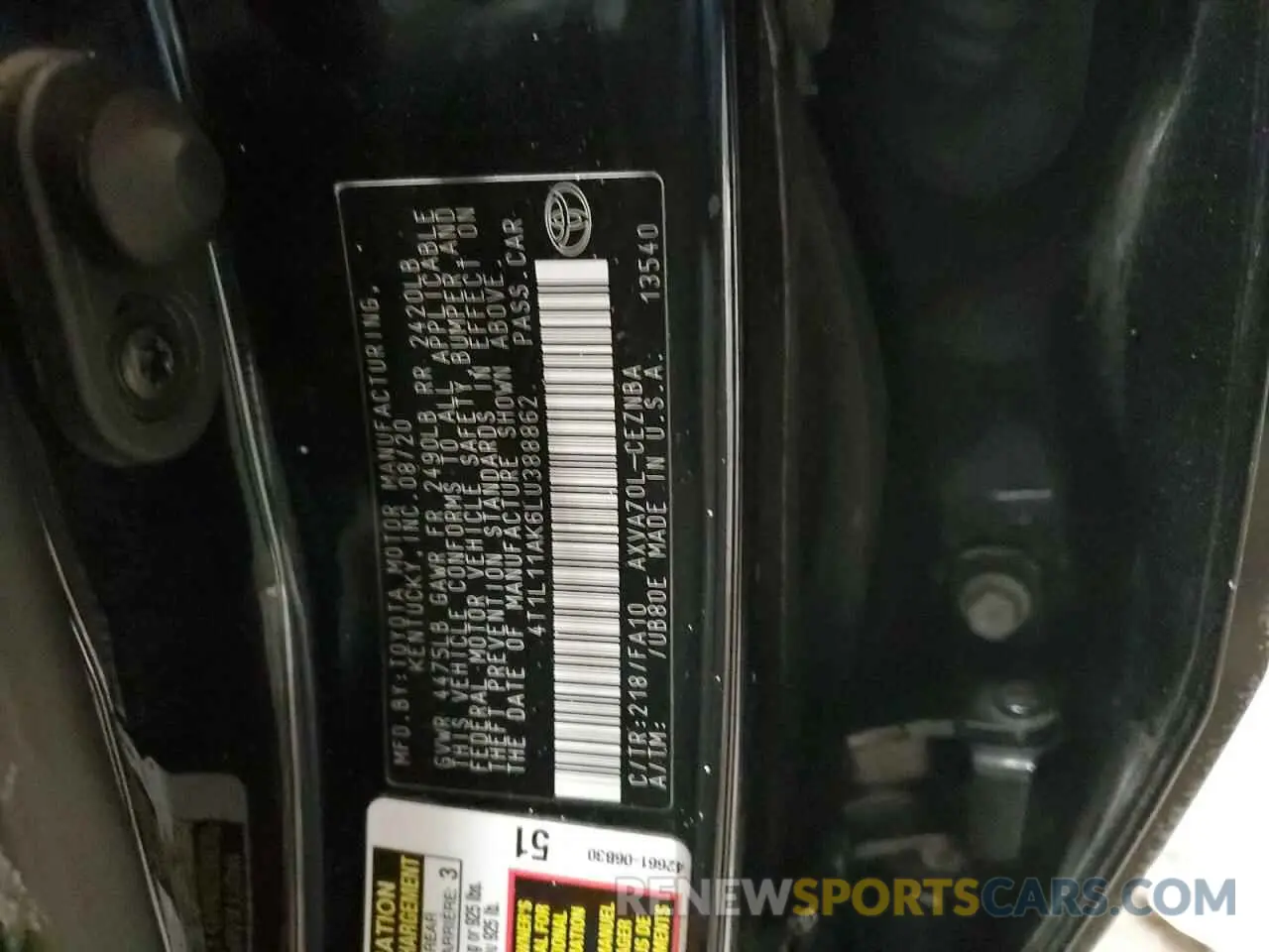 13 Photograph of a damaged car 4T1L11AK6LU388862 TOYOTA CAMRY 2020
