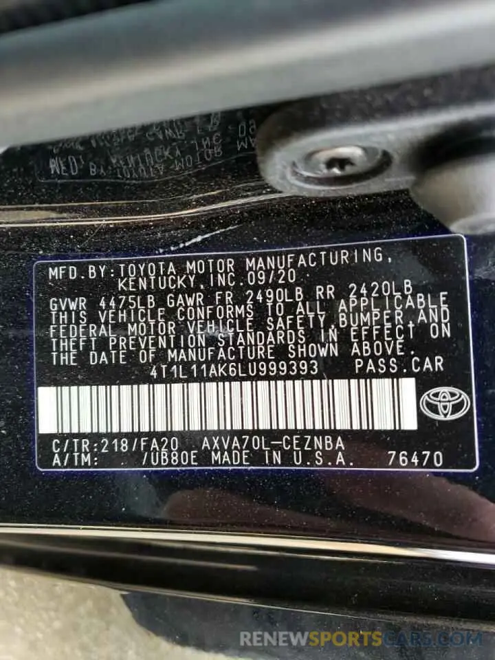 10 Photograph of a damaged car 4T1L11AK6LU999393 TOYOTA CAMRY 2020