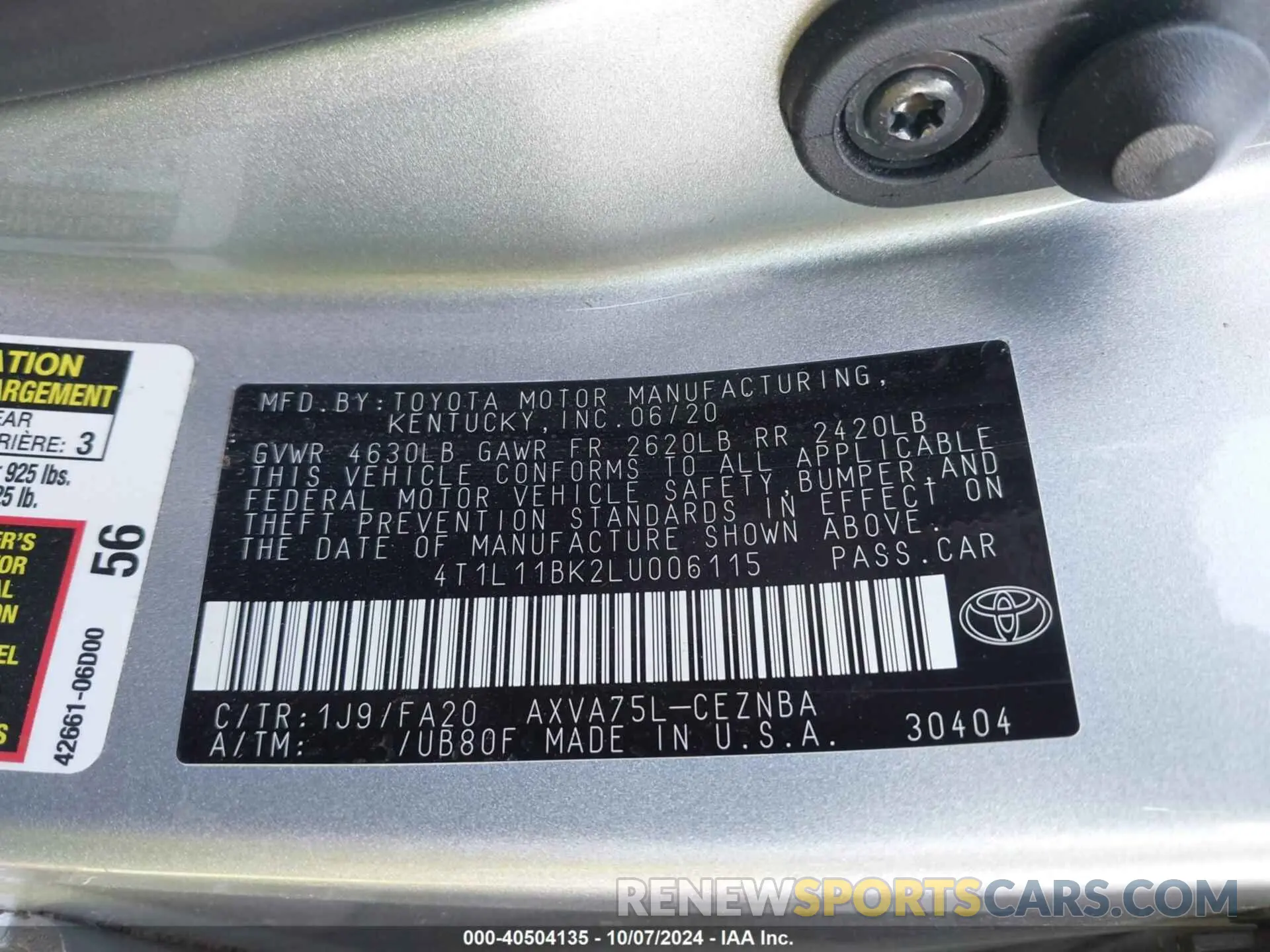 9 Фотография поврежденного автомобиля 4T1L11BK2LU006115 TOYOTA CAMRY 2020