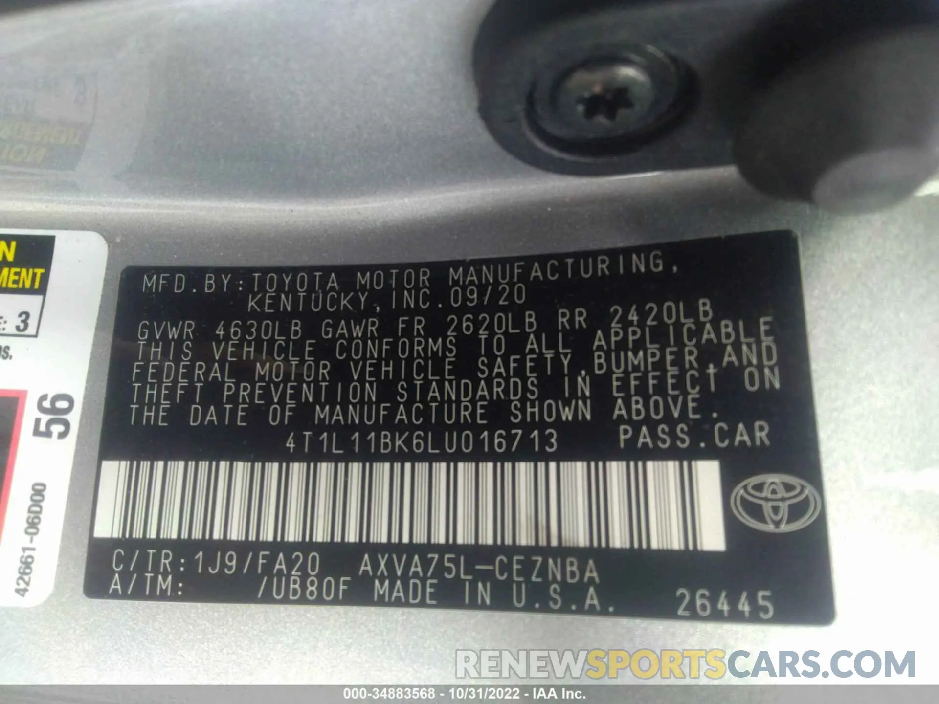 9 Photograph of a damaged car 4T1L11BK6LU016713 TOYOTA CAMRY 2020