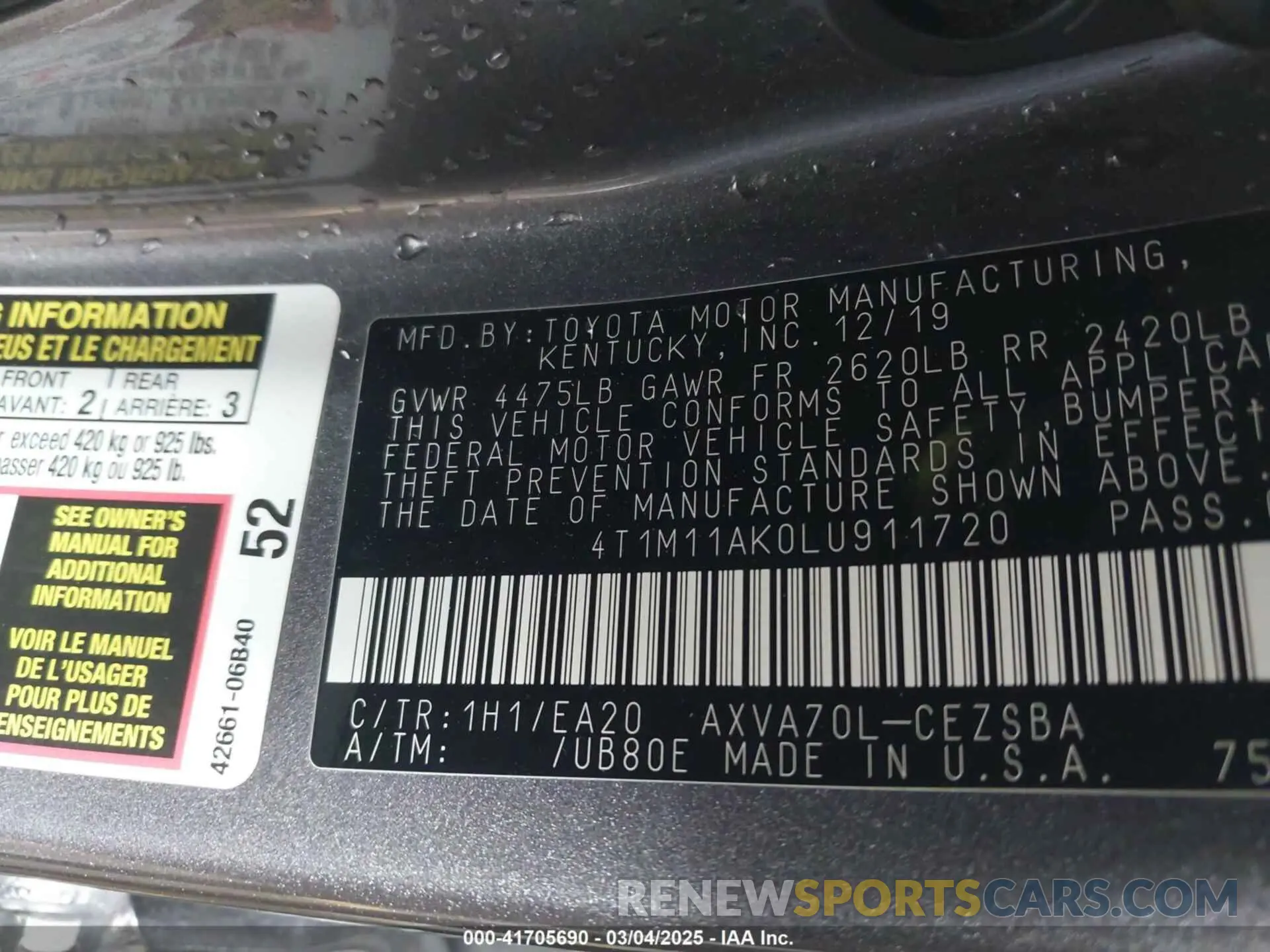 9 Photograph of a damaged car 4T1M11AK0LU911720 TOYOTA CAMRY 2020