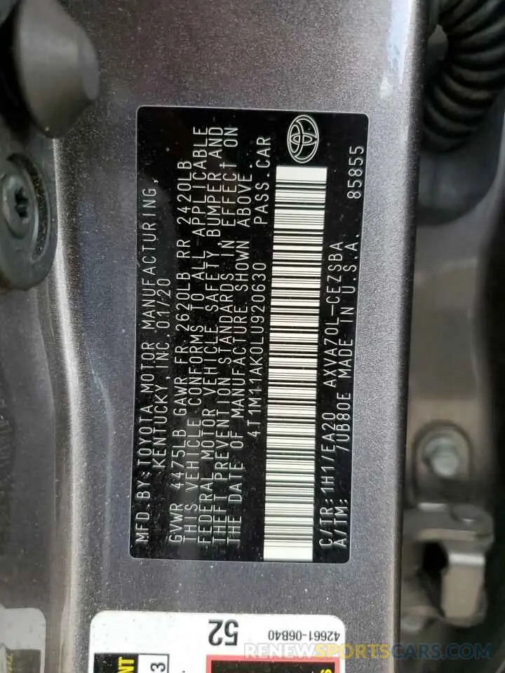 12 Photograph of a damaged car 4T1M11AK0LU920630 TOYOTA CAMRY 2020