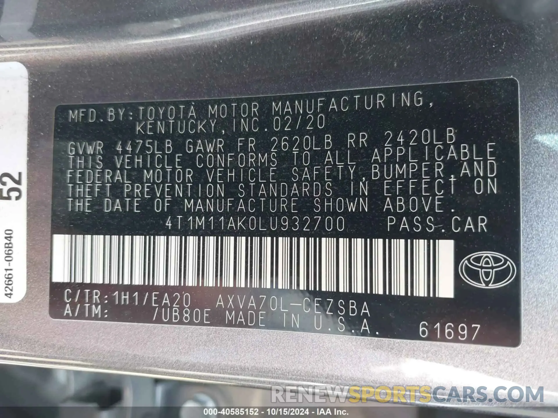 9 Photograph of a damaged car 4T1M11AK0LU932700 TOYOTA CAMRY 2020