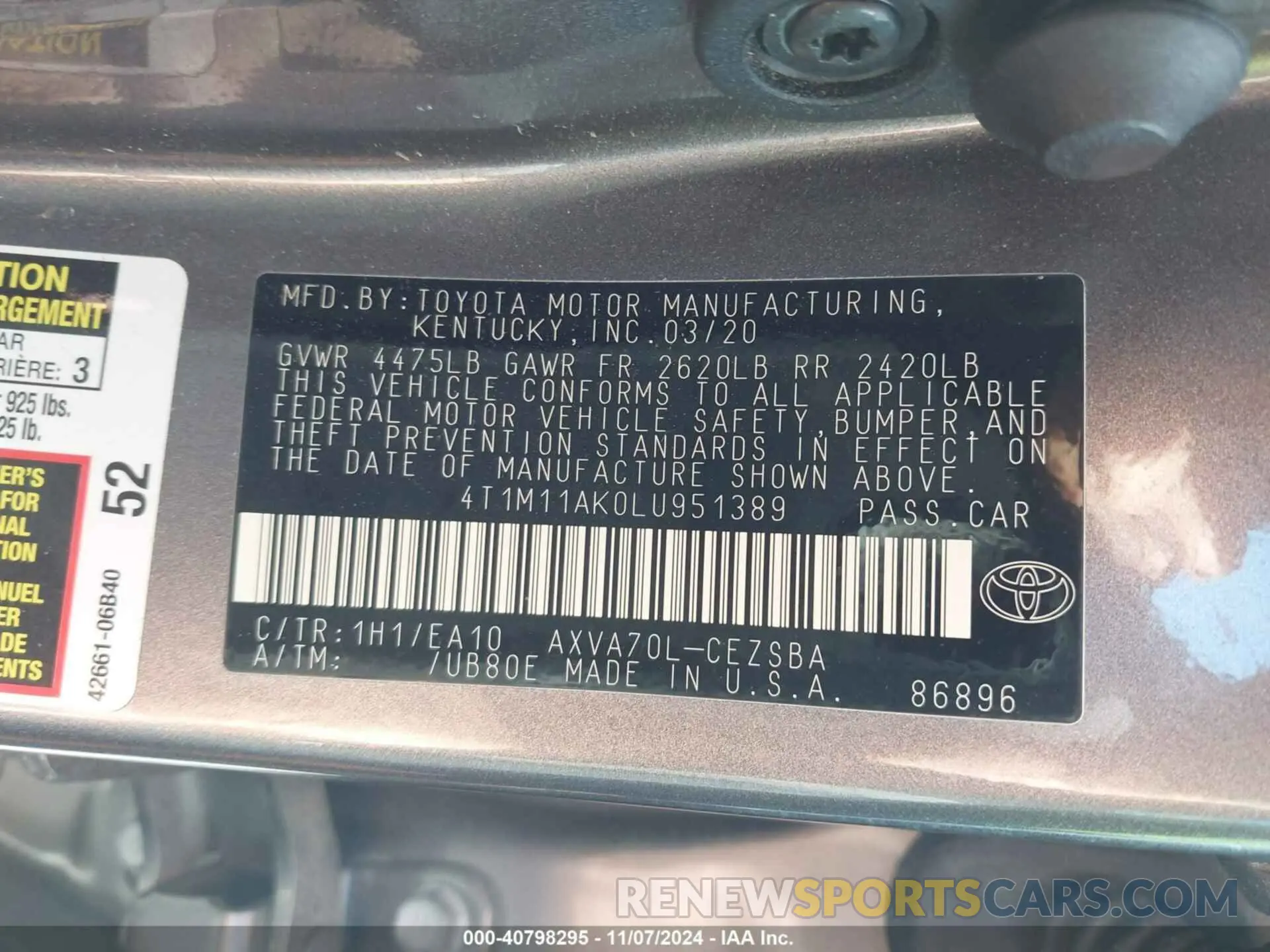 9 Фотография поврежденного автомобиля 4T1M11AK0LU951389 TOYOTA CAMRY 2020