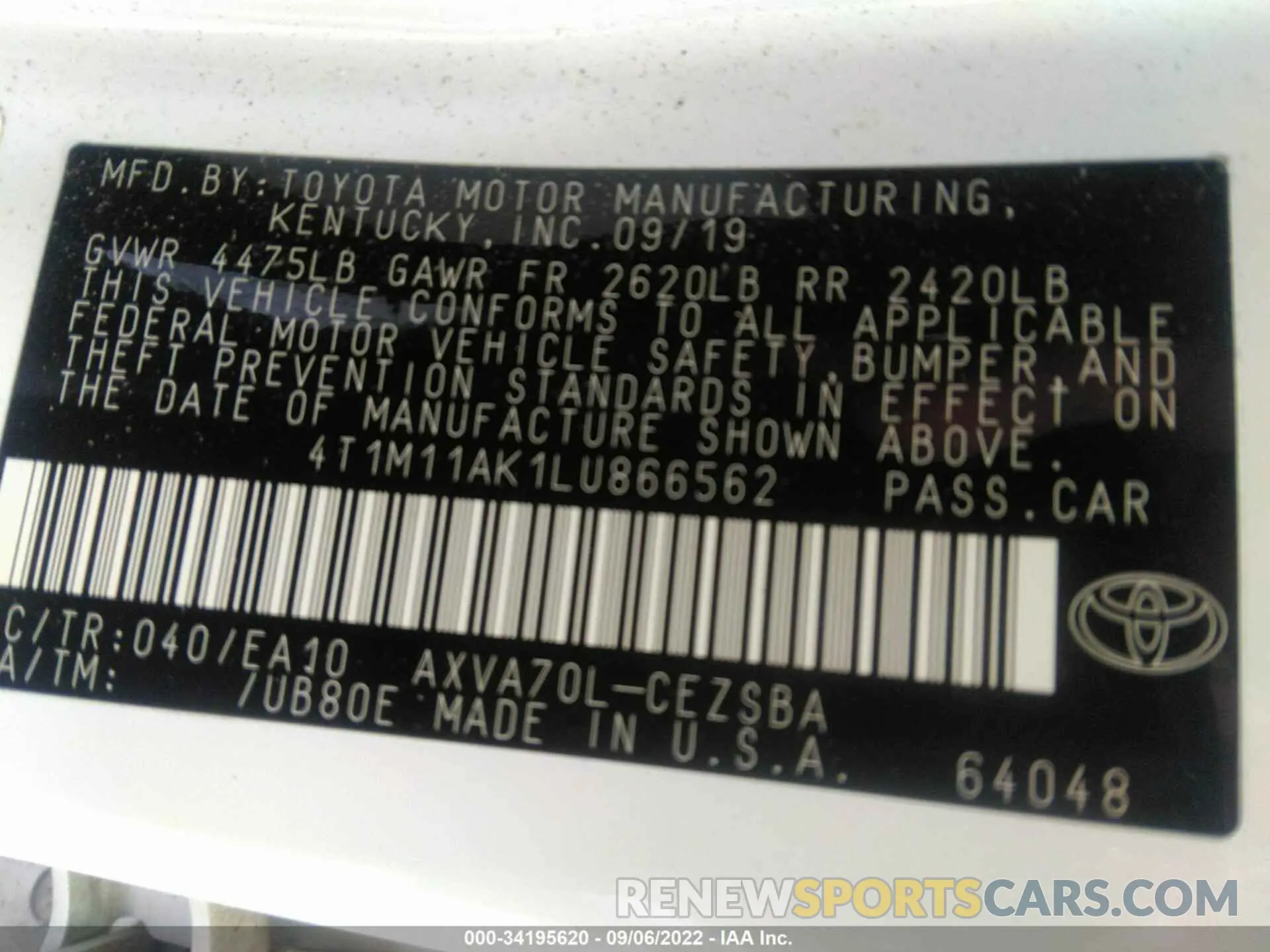 9 Фотография поврежденного автомобиля 4T1M11AK1LU866562 TOYOTA CAMRY 2020