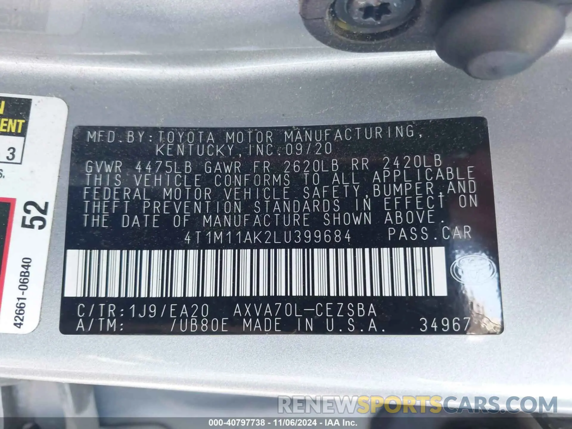 9 Фотография поврежденного автомобиля 4T1M11AK2LU399684 TOYOTA CAMRY 2020