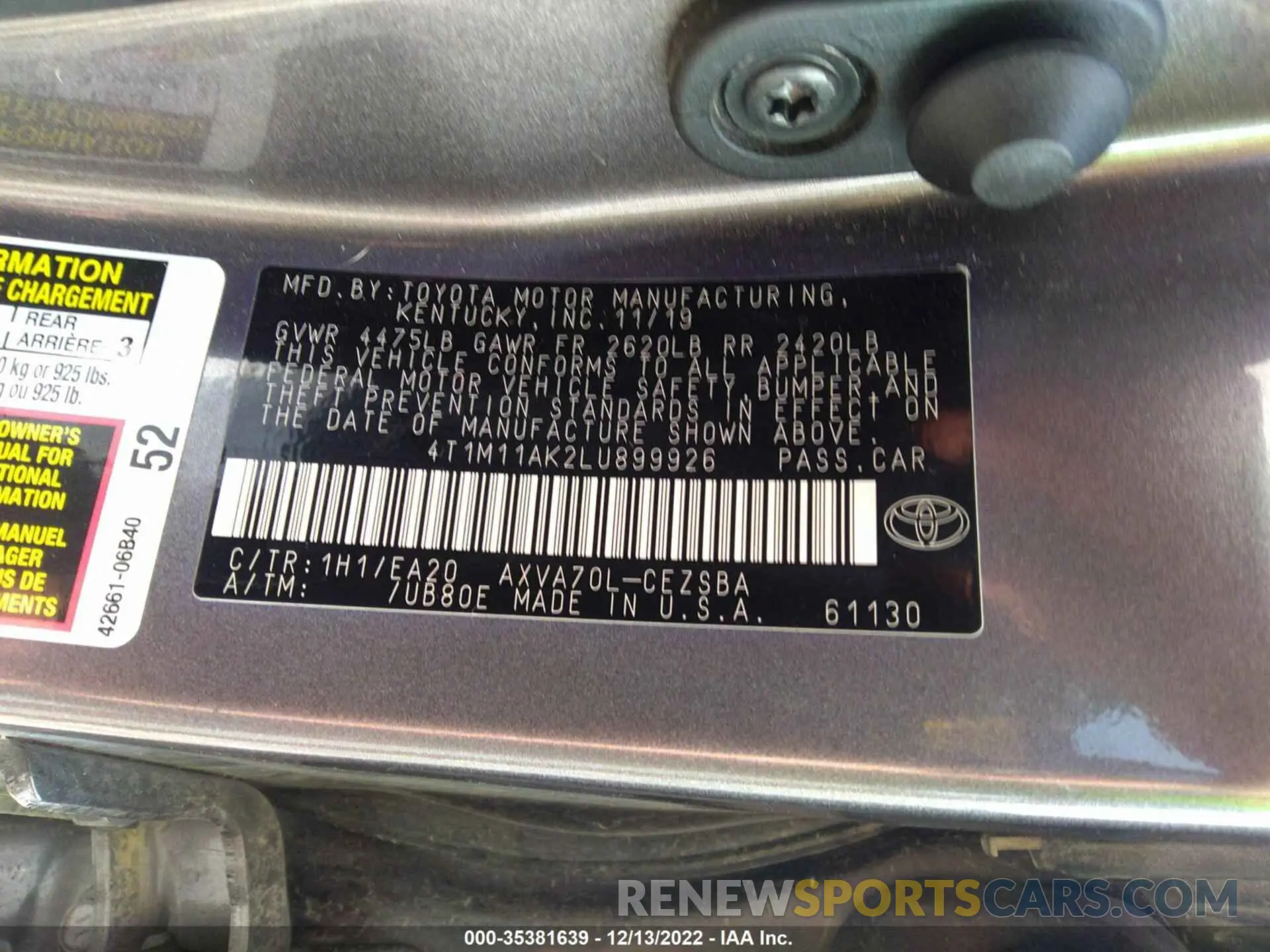 9 Photograph of a damaged car 4T1M11AK2LU899926 TOYOTA CAMRY 2020