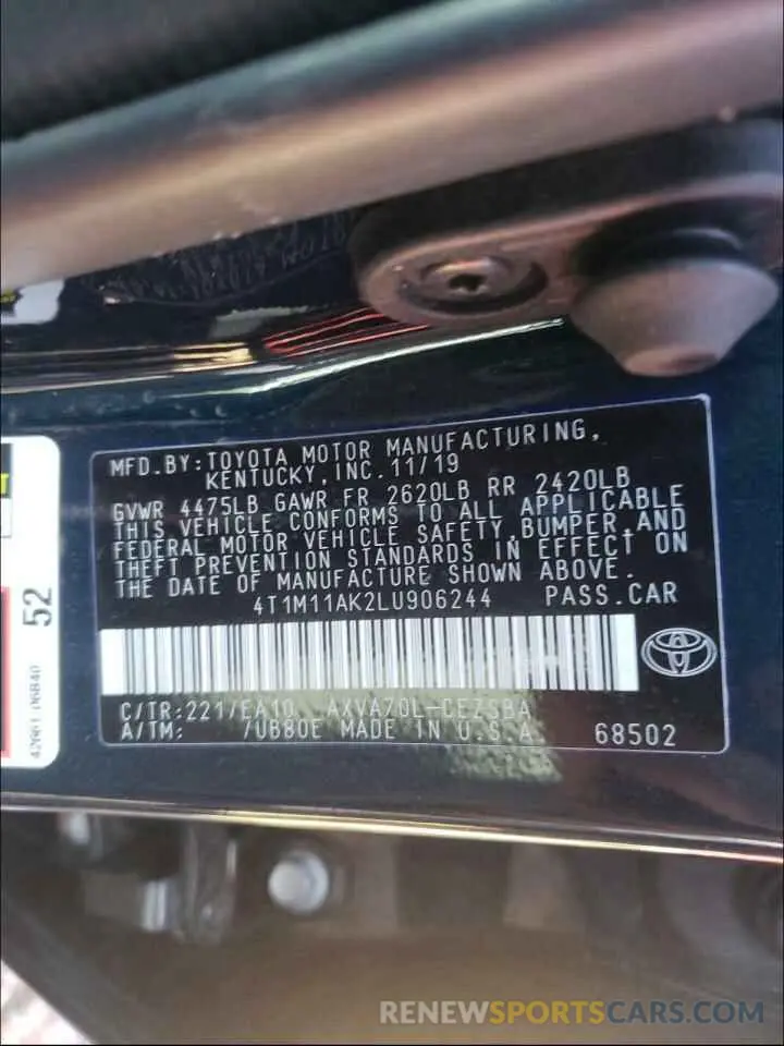 10 Photograph of a damaged car 4T1M11AK2LU906244 TOYOTA CAMRY 2020