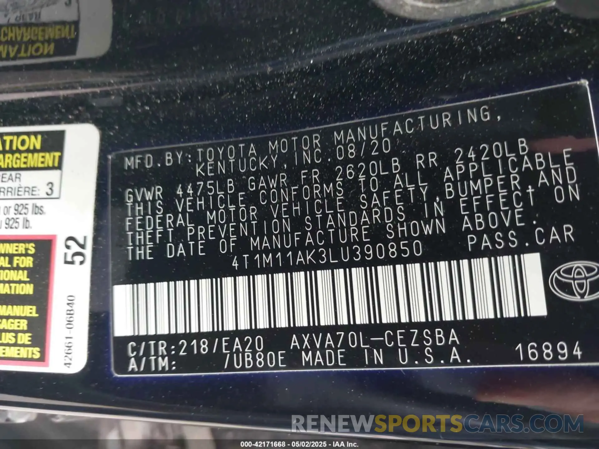 9 Photograph of a damaged car 4T1M11AK3LU390850 TOYOTA CAMRY 2020