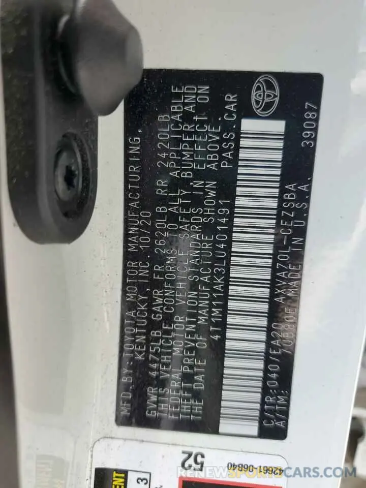 13 Фотография поврежденного автомобиля 4T1M11AK3LU401491 TOYOTA CAMRY 2020