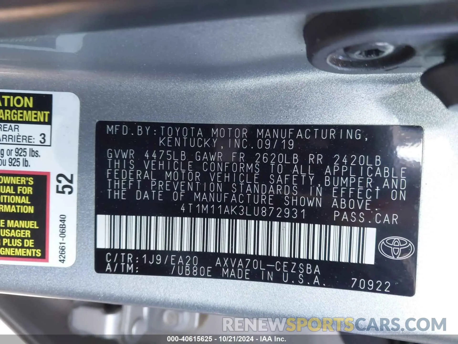 9 Photograph of a damaged car 4T1M11AK3LU872931 TOYOTA CAMRY 2020