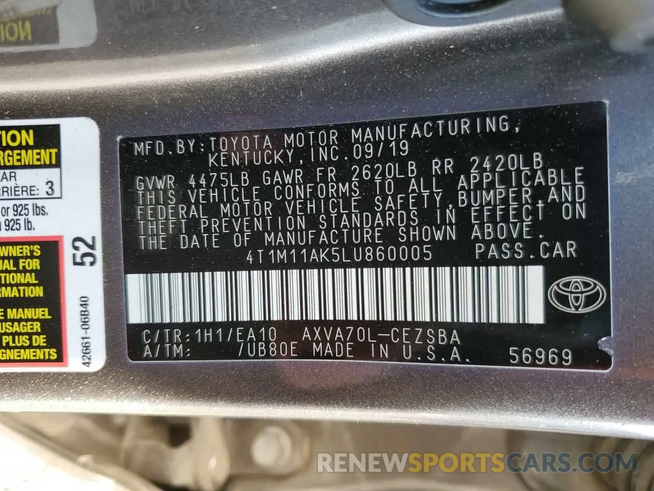 12 Photograph of a damaged car 4T1M11AK5LU860005 TOYOTA CAMRY 2020