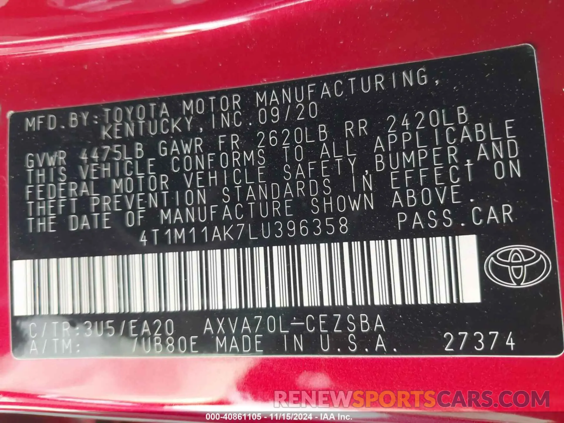 9 Фотография поврежденного автомобиля 4T1M11AK7LU396358 TOYOTA CAMRY 2020