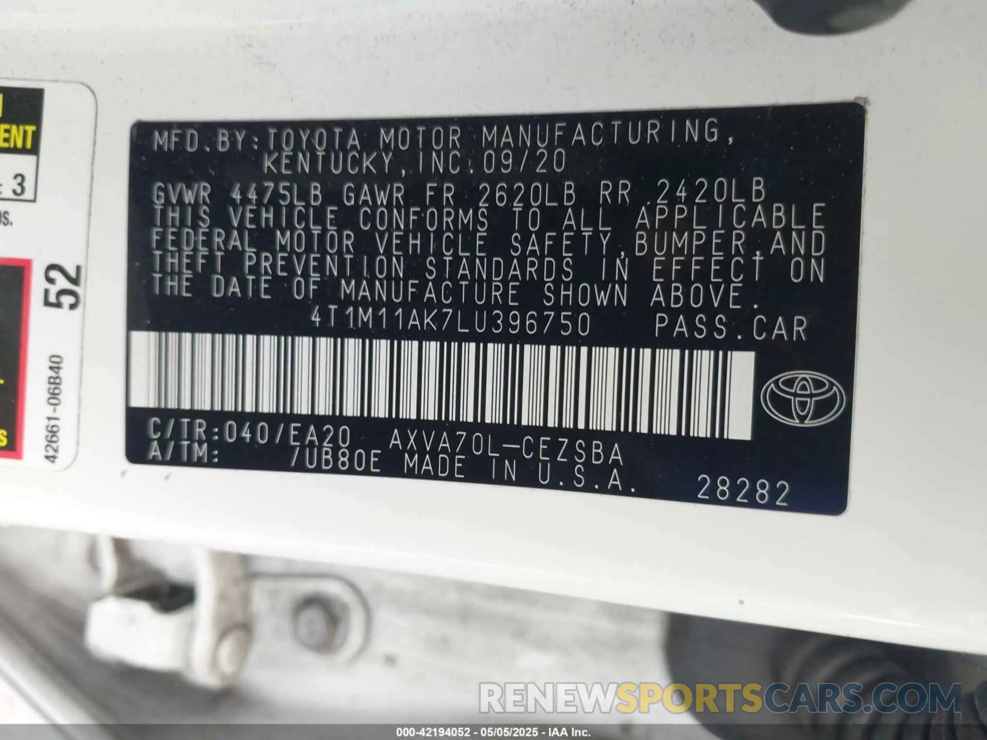 9 Фотография поврежденного автомобиля 4T1M11AK7LU396750 TOYOTA CAMRY 2020