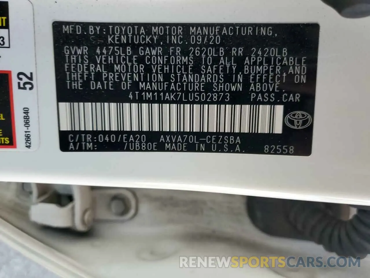 12 Photograph of a damaged car 4T1M11AK7LU502873 TOYOTA CAMRY 2020