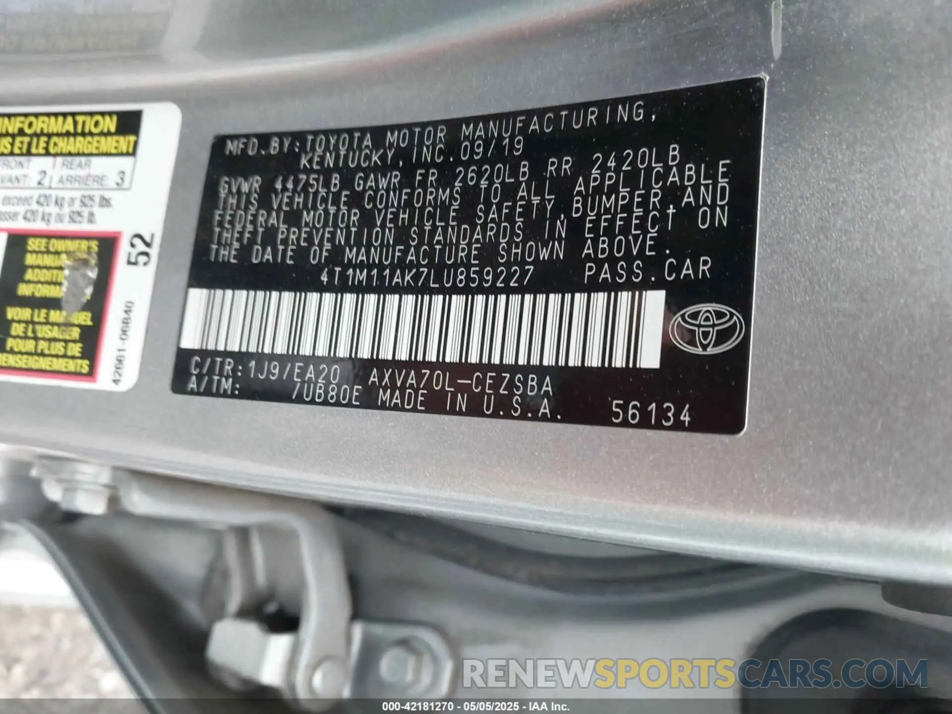 9 Фотография поврежденного автомобиля 4T1M11AK7LU859227 TOYOTA CAMRY 2020