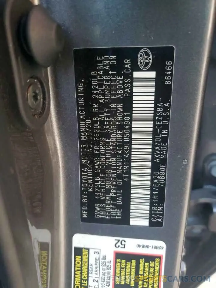 12 Фотография поврежденного автомобиля 4T1M11AK9LU504981 TOYOTA CAMRY 2020