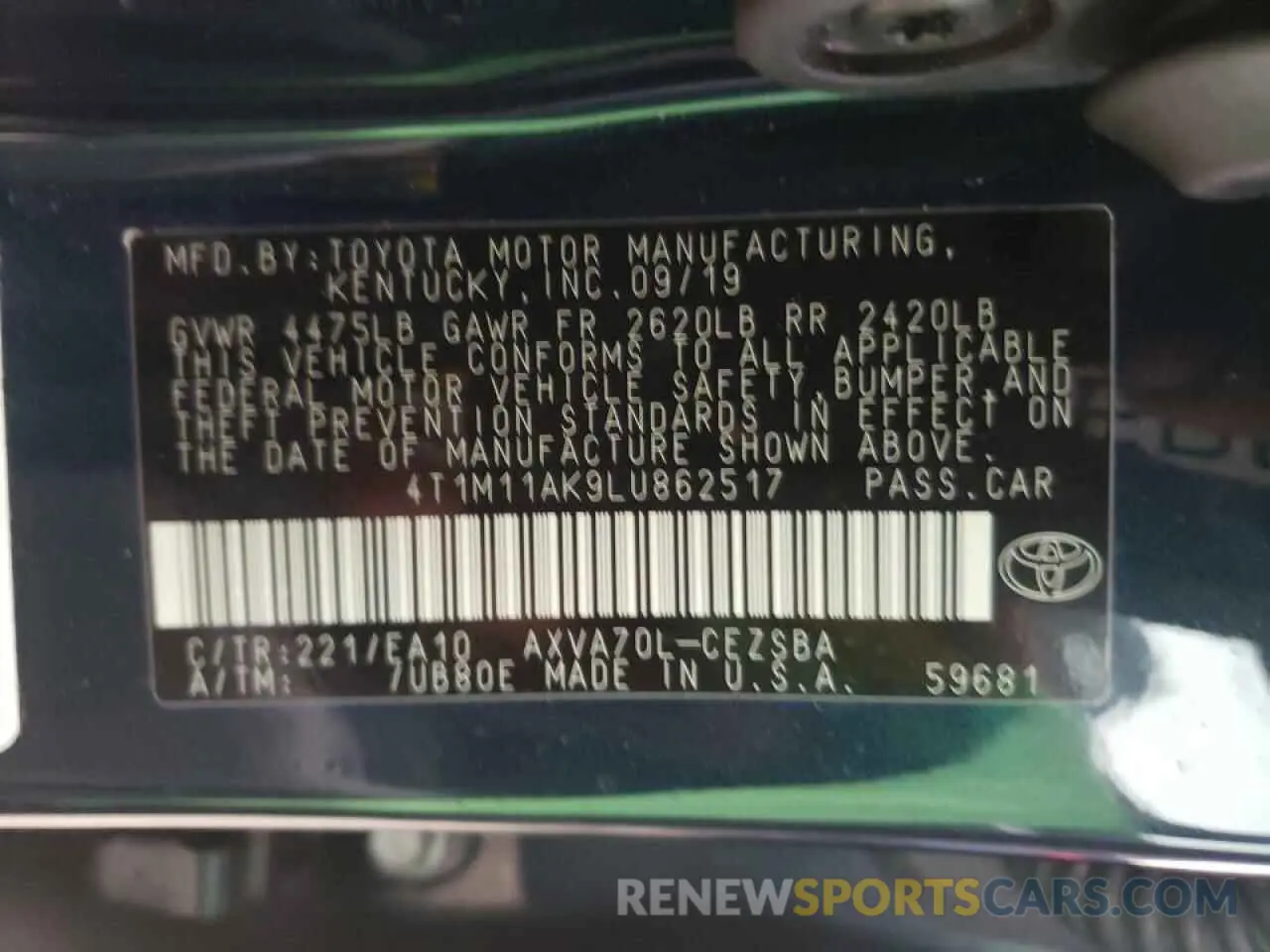 10 Photograph of a damaged car 4T1M11AK9LU862517 TOYOTA CAMRY 2020