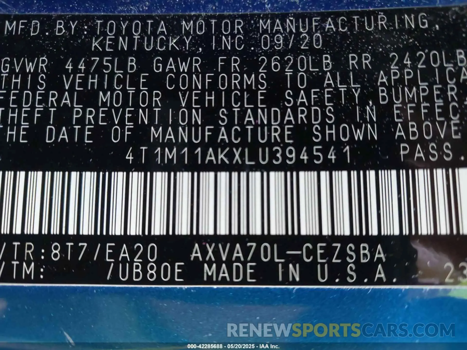 9 Photograph of a damaged car 4T1M11AKXLU394541 TOYOTA CAMRY 2020