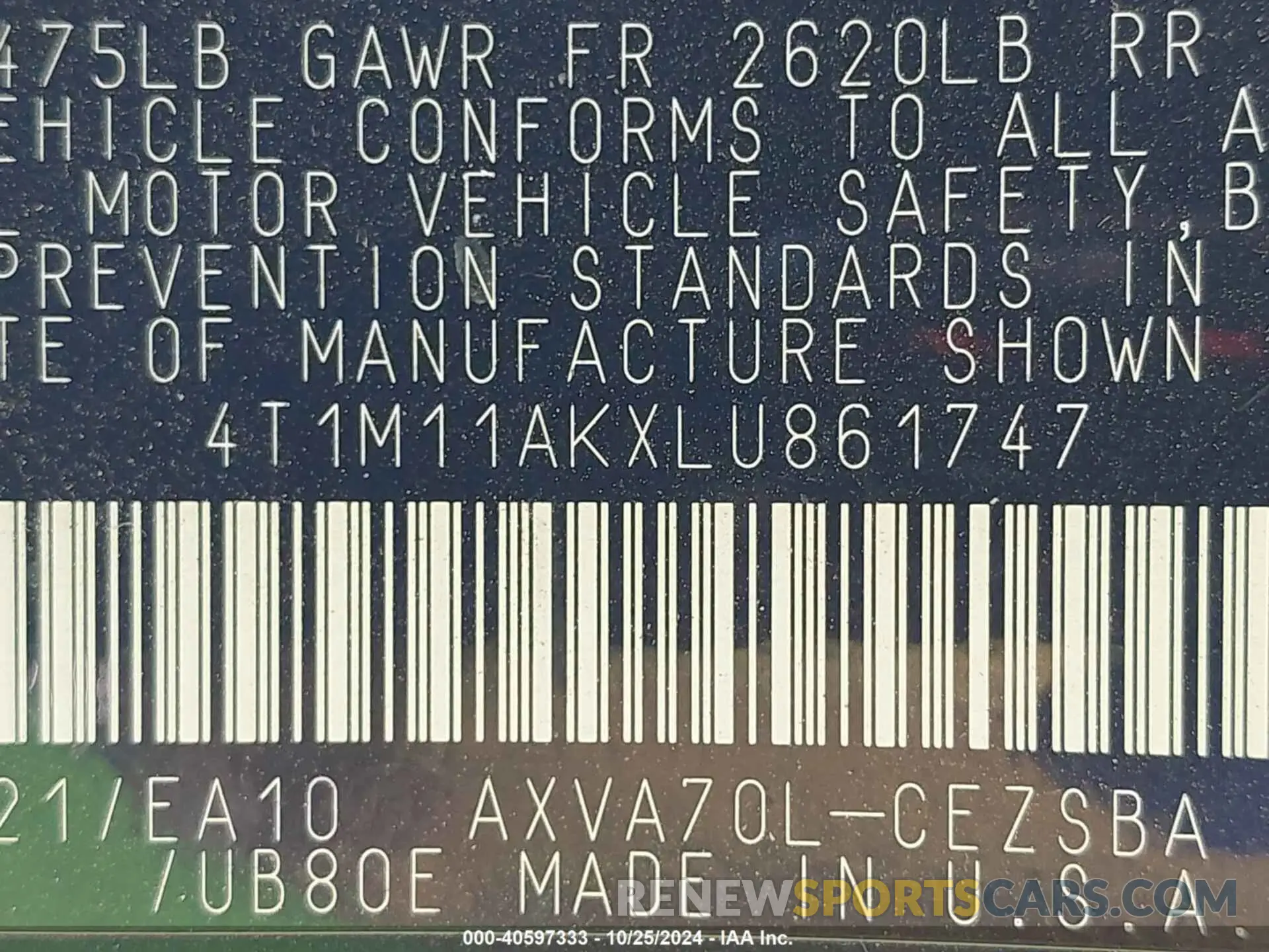 9 Фотография поврежденного автомобиля 4T1M11AKXLU861747 TOYOTA CAMRY 2020