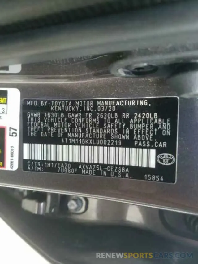 10 Photograph of a damaged car 4T1M11BKXLU002219 TOYOTA CAMRY 2020