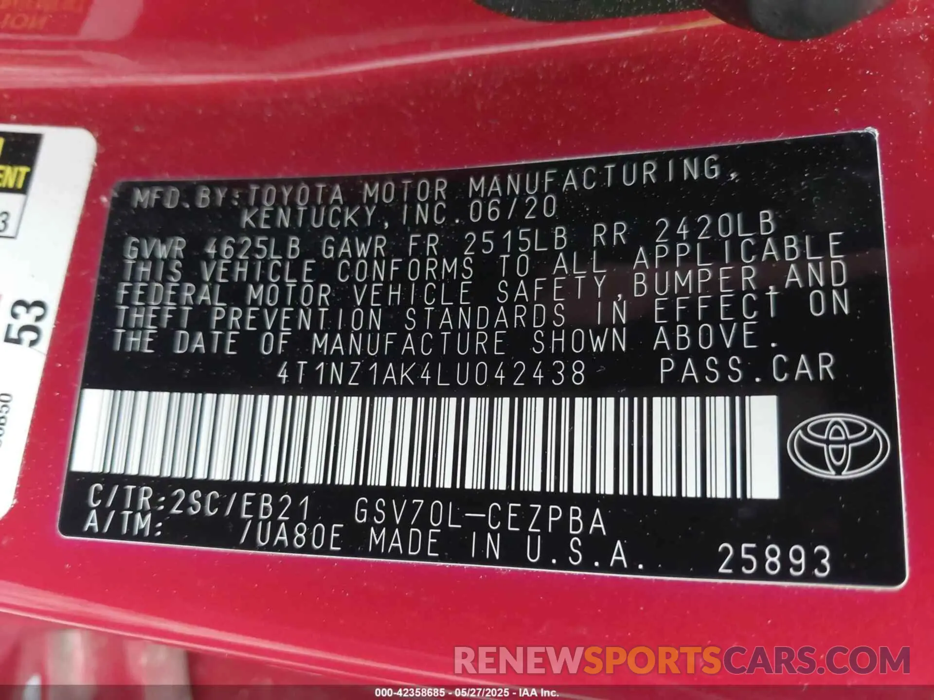 9 Photograph of a damaged car 4T1NZ1AK4LU042438 TOYOTA CAMRY 2020