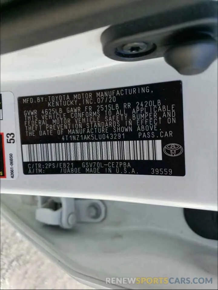 10 Photograph of a damaged car 4T1NZ1AK5LU043291 TOYOTA CAMRY 2020