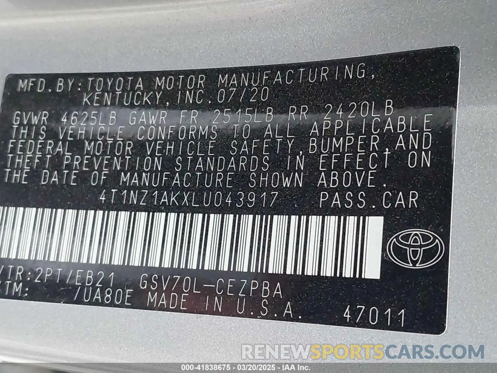9 Photograph of a damaged car 4T1NZ1AKXLU043917 TOYOTA CAMRY 2020