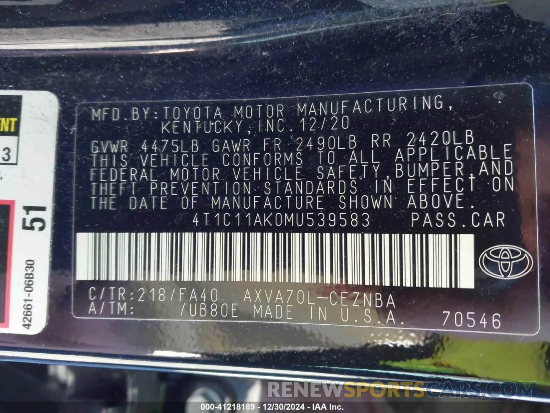 9 Фотография поврежденного автомобиля 4T1C11AK0MU539583 TOYOTA CAMRY 2021