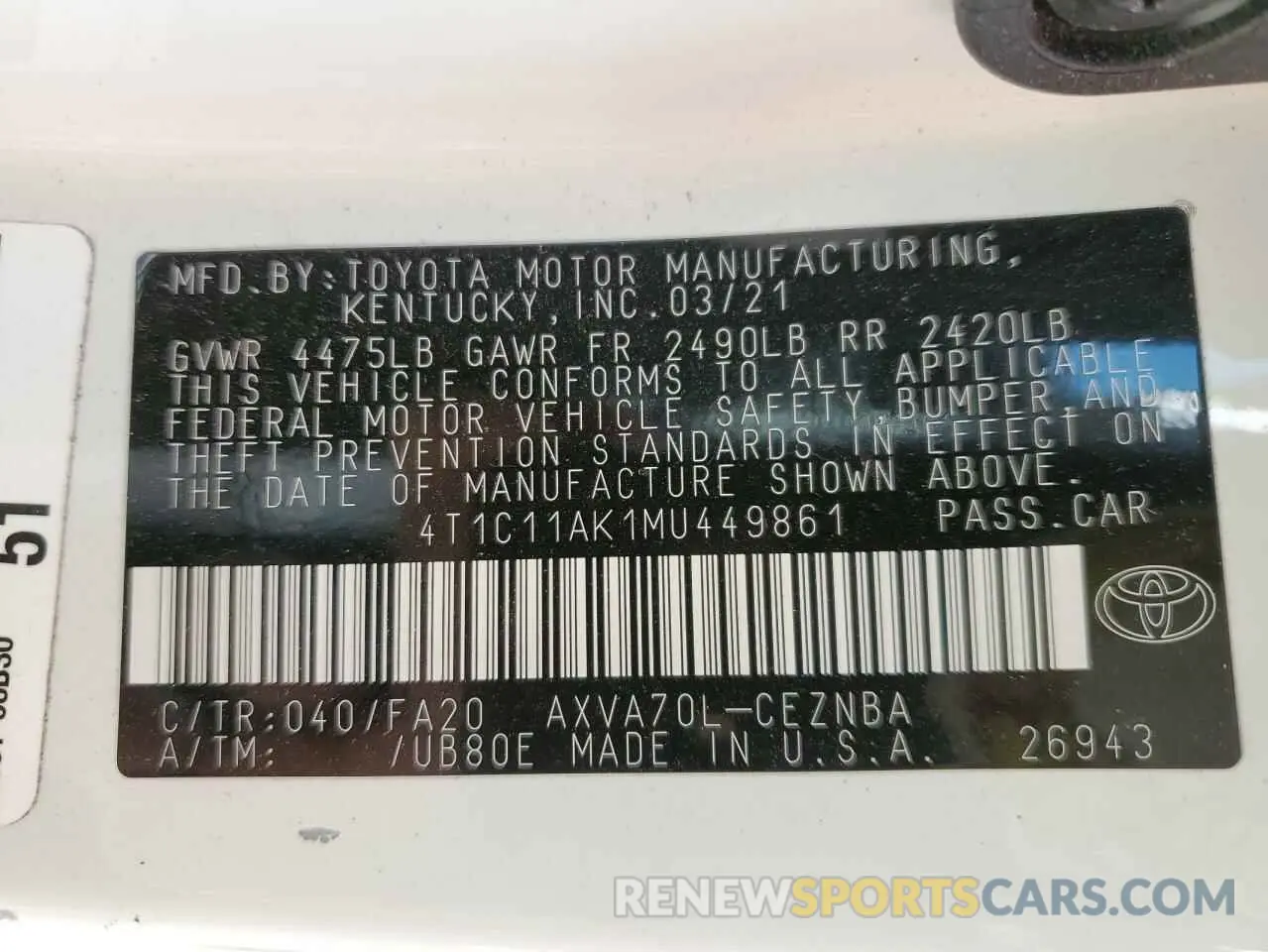 13 Фотография поврежденного автомобиля 4T1C11AK1MU449861 TOYOTA CAMRY 2021