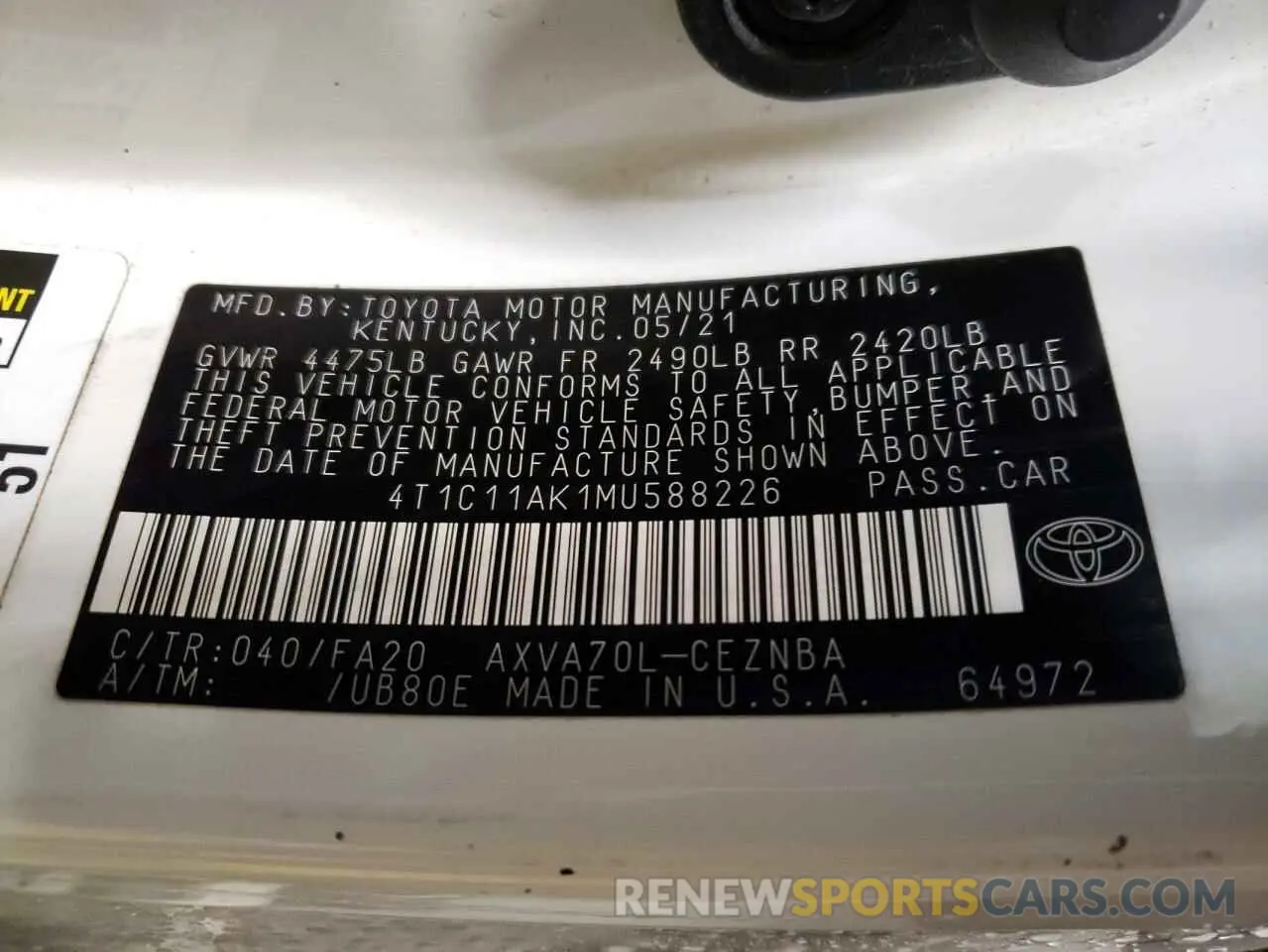 13 Photograph of a damaged car 4T1C11AK1MU588226 TOYOTA CAMRY 2021