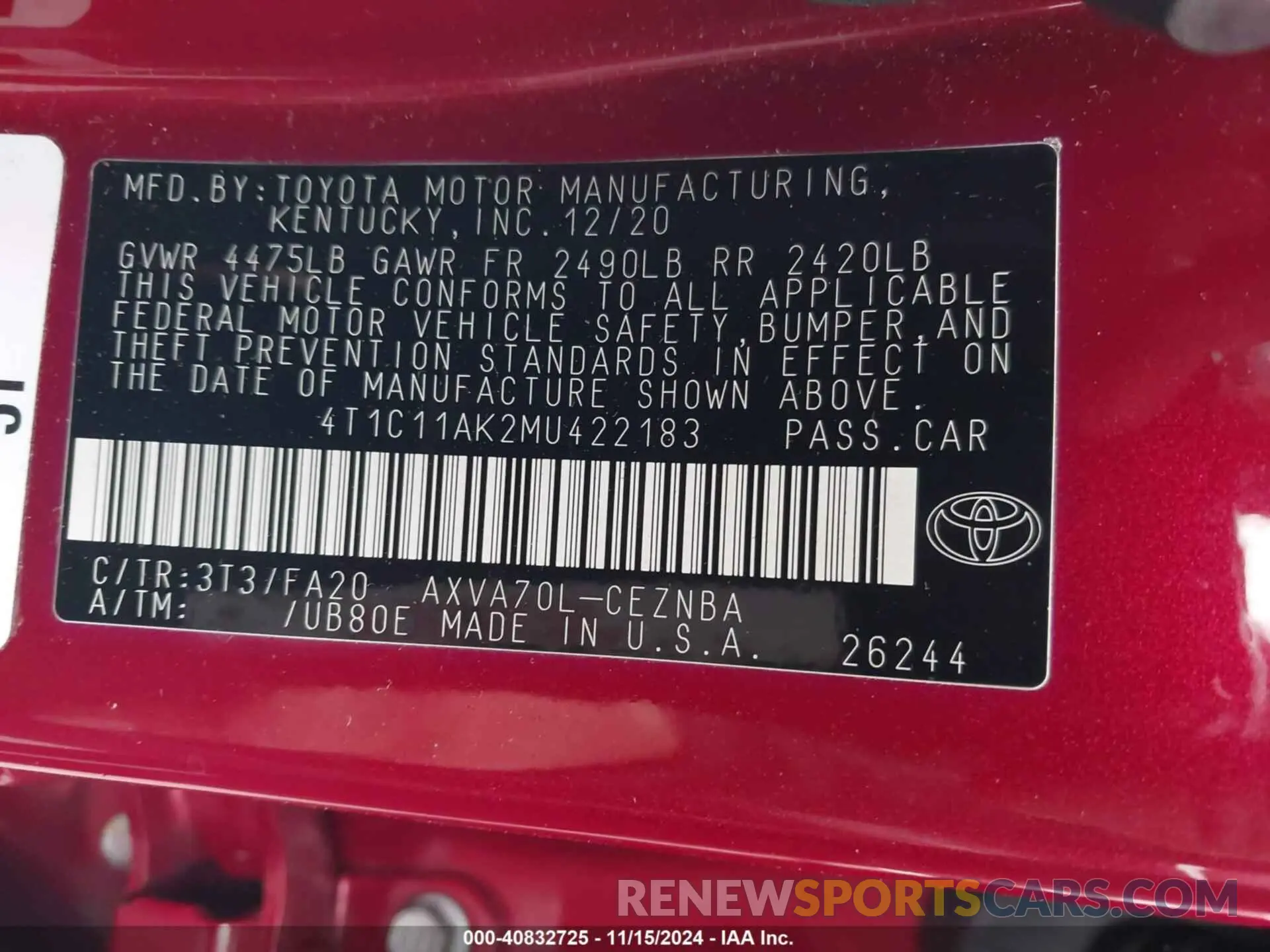 9 Фотография поврежденного автомобиля 4T1C11AK2MU422183 TOYOTA CAMRY 2021