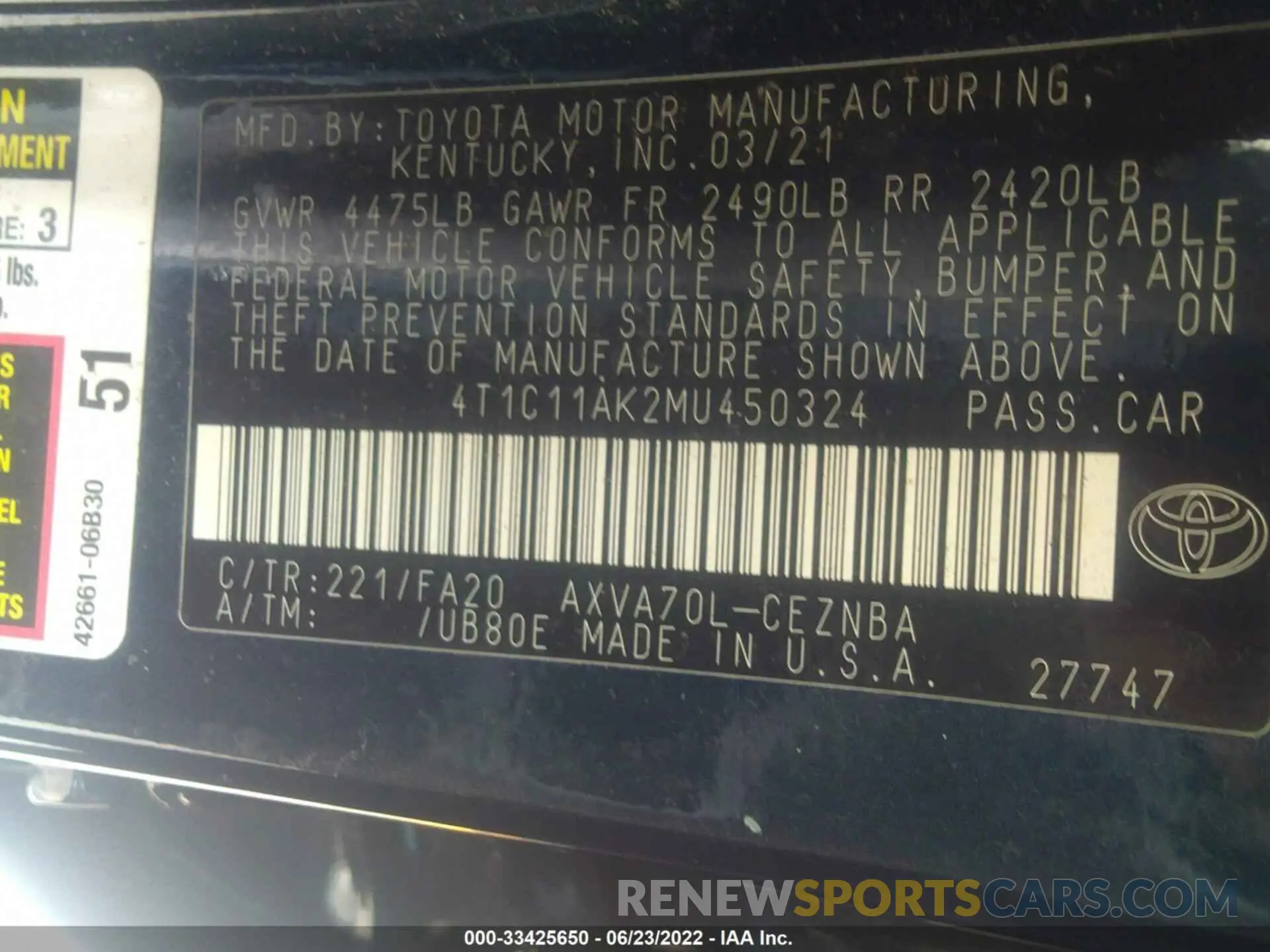9 Фотография поврежденного автомобиля 4T1C11AK2MU450324 TOYOTA CAMRY 2021