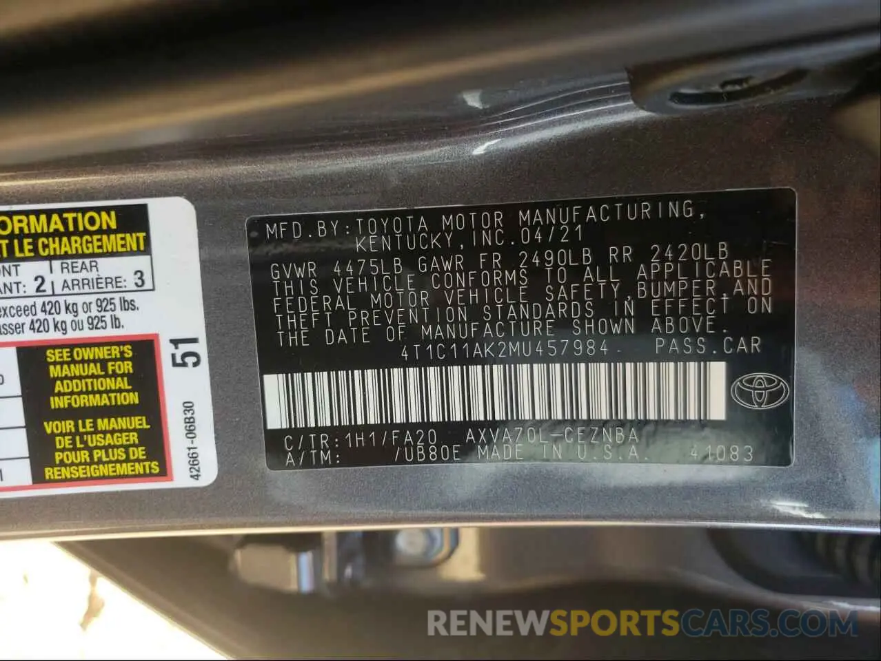 10 Фотография поврежденного автомобиля 4T1C11AK2MU457984 TOYOTA CAMRY 2021