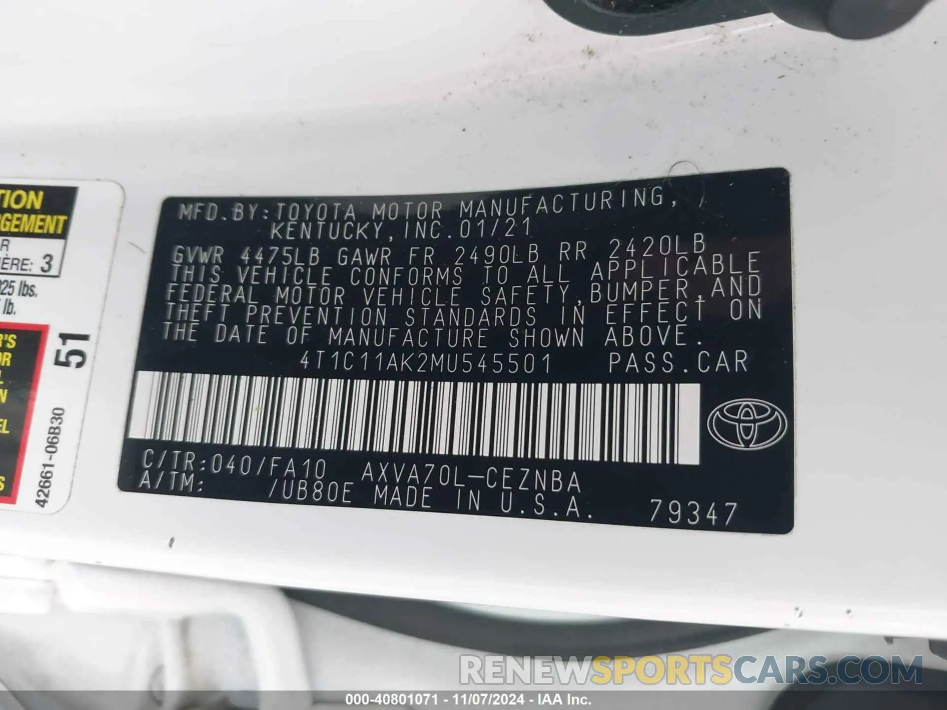9 Photograph of a damaged car 4T1C11AK2MU545501 TOYOTA CAMRY 2021