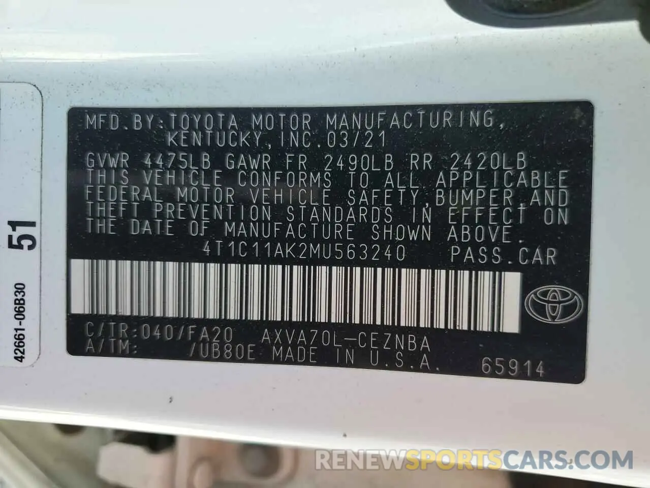 12 Photograph of a damaged car 4T1C11AK2MU563240 TOYOTA CAMRY 2021